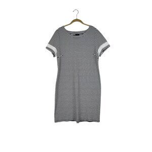 Talbots Cotton Lace Trim Shift Dress Black White Soleil Stripe Womens Size Large
